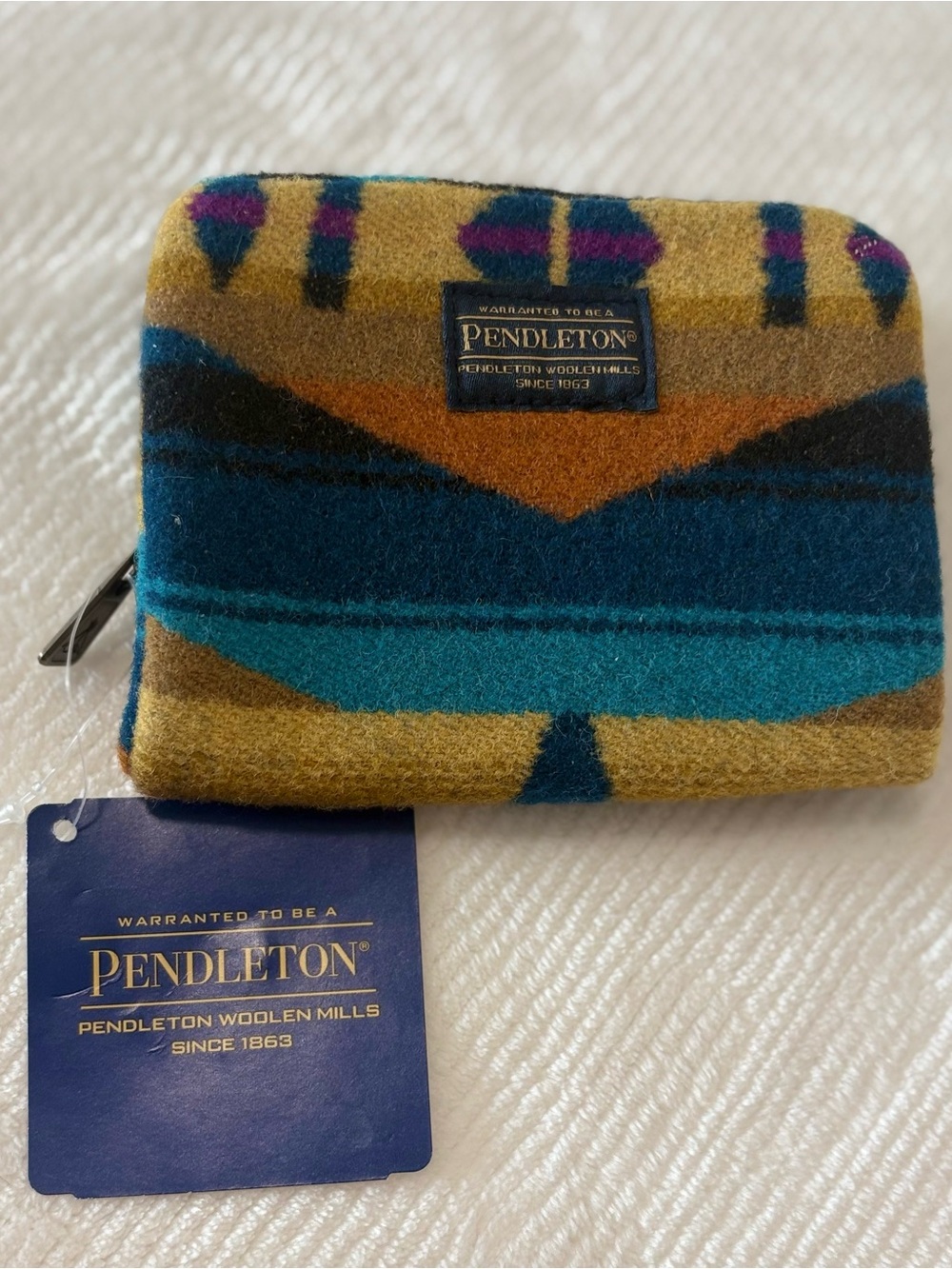 Pendleton Wool Zip mini accordion wallet - Teal, Mustard & Navy Southwestern